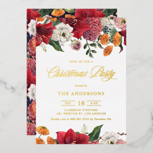 Botanical Amaryllis and Mums Christmas Party Foil Invitation
