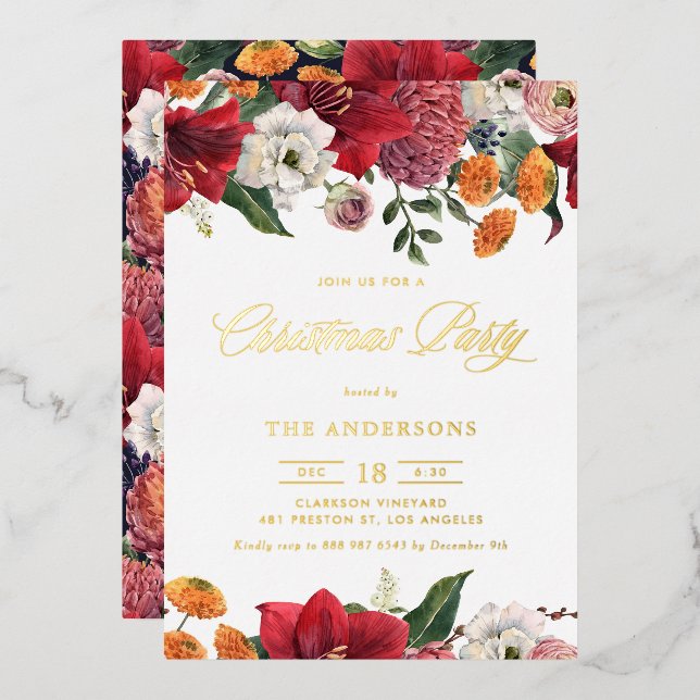 Botanical Amaryllis and Mums Christmas Party Foil Invitation (Front/Back)