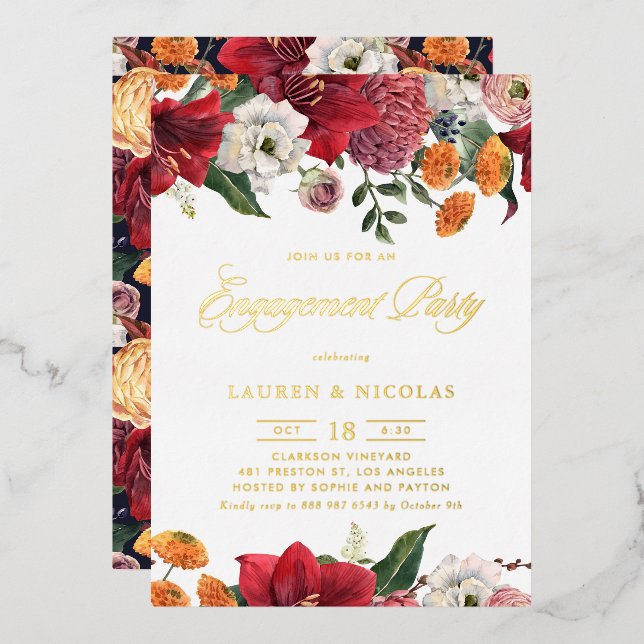 Botanical Amaryllis and Mums Engagement Party Foil Invitation (Front/Back)