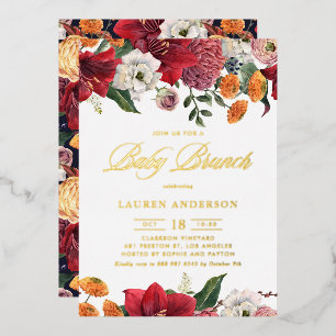 Botanical Amaryllis and Mums Floral Baby Brunch Foil Invitation