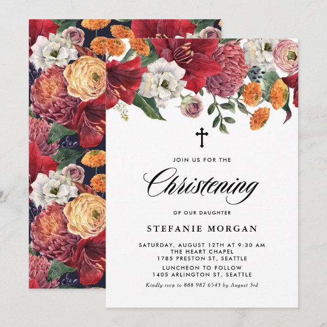 Botanical Amaryllis and Mums Floral Christening Invitation (Front/Back)