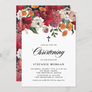 Botanical Amaryllis and Mums Floral Christening Invitation