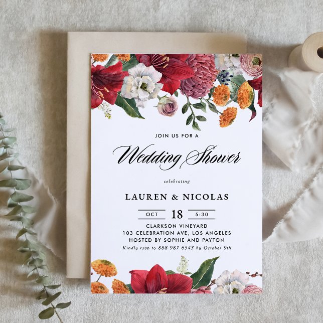 Botanical Amaryllis and Mums Floral Wedding Shower Invitation (Creator Uploaded)