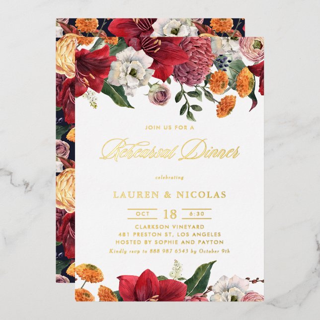 Botanical Amaryllis and Mums Rehearsal Dinner Foil Invitation (Front/Back)