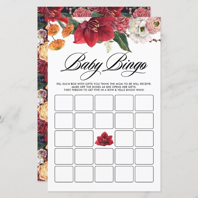 Botanical Amaryllis Baby Shower Bingo Game Card (Front/Back)