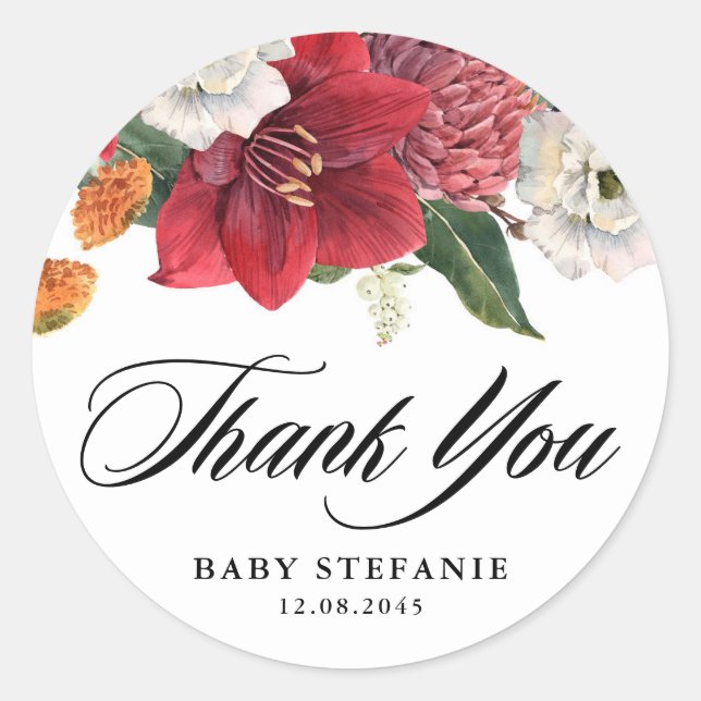 Botanical Amaryllis Baby Shower Thank You Classic Round Sticker (Front)