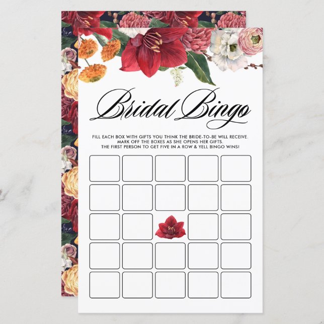 Botanical Amaryllis Bridal Shower Bingo Game Card (Front/Back)