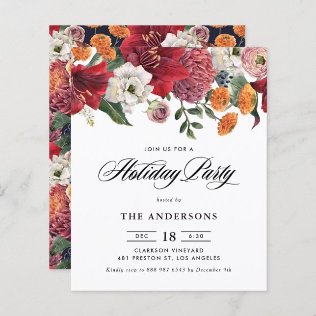 Botanical Amaryllis Holiday Party Invitation (Front/Back)