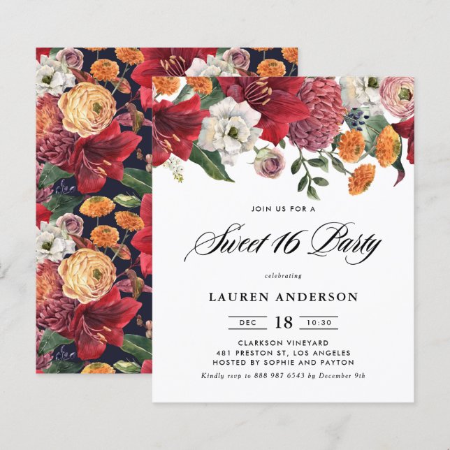 Botanical Amaryllis Sweet 16 Party Invitation (Front/Back)