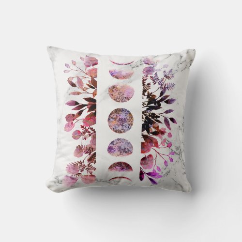 Botanical Amethyst Opal Marble Moon Phases Throw Pillow