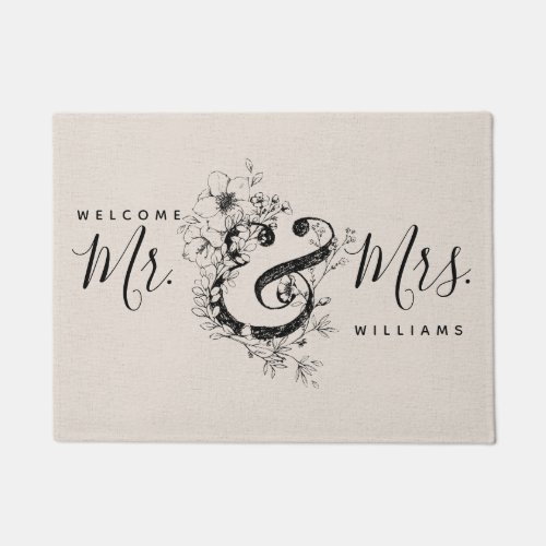 Botanical Ampersand Newlywed Mr  Mrs Linen Name Doormat