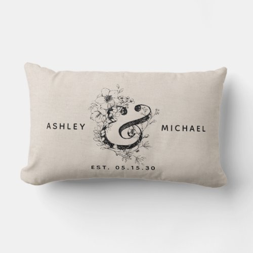 Botanical Ampersand  Newlywed Name Date Linen Lumbar Pillow