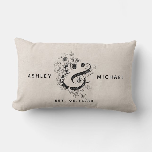 Botanical Ampersand  Newlywed Name Date Linen Lumbar Pillow (Front)