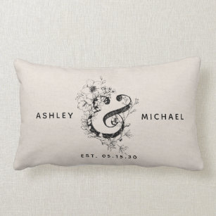 Botanical Ampersand  Newlywed Name Date Linen Lumbar Pillow