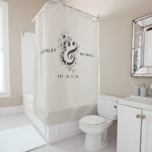 Botanical Ampersand  Newlywed Name Date Linen Shower Curtain