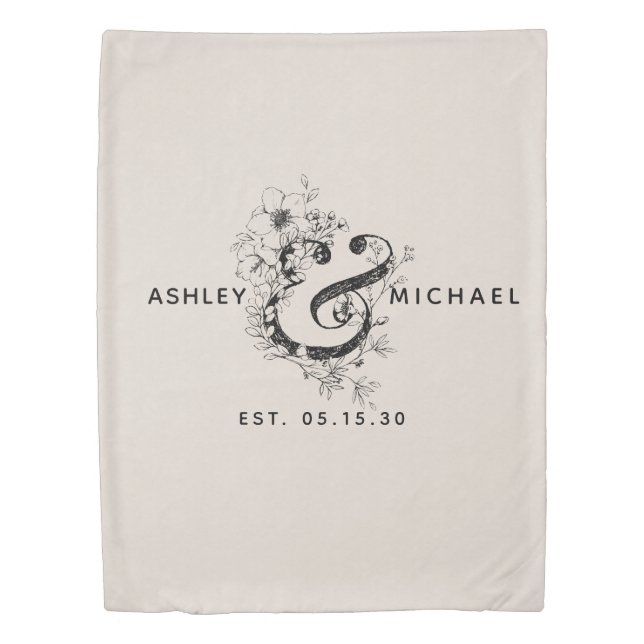 Botanical Ampersand Newlywed Names Est. Date Duvet Cover (Front)