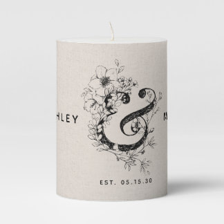 Botanical Ampersand Newlywed Names Est. Date Pillar Candle