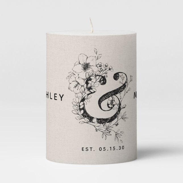 Botanical Ampersand Newlywed Names Est. Date Pillar Candle (Front)