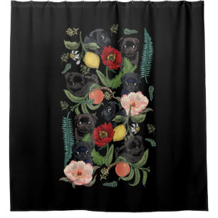 botanical and black pug t-  by huebucket shower curtain