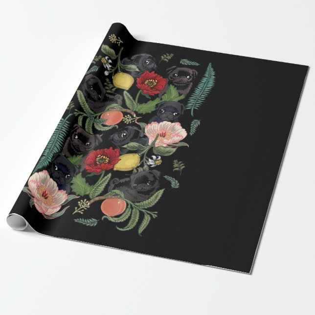 botanical and black pug t-  by huebucket wrapping paper (Unrolled)