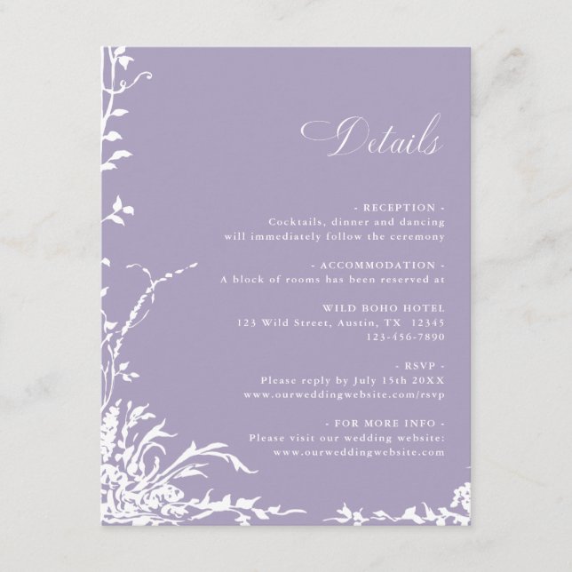 Botanical Arch Garden Lavender Wedding Details Enclosure Card (Front)