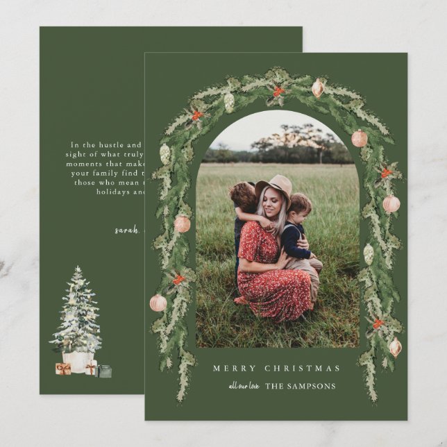 Botanical Arch Modern Photo Christmas Holiday Invitation (Front/Back)