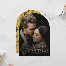Botanical Arch Photo Gold Christmas Holiday Card