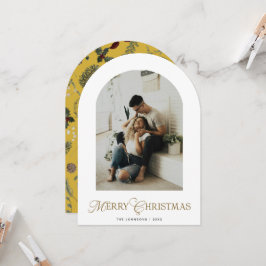 Botanical Arch Photo Gold Christmas Holiday Card