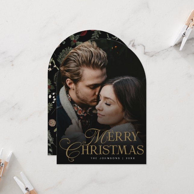 Botanical Arch Photo Merry Christmas Holiday Card (Front/Back In Situ)