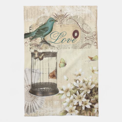 botanical art birdcage modern vintage french bird kitchen towel