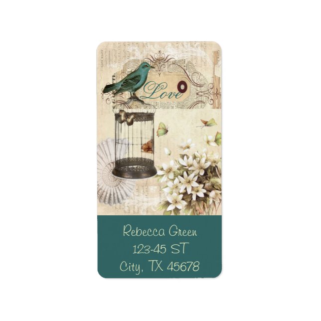 botanical art birdcage modern vintage french bird label (Front)