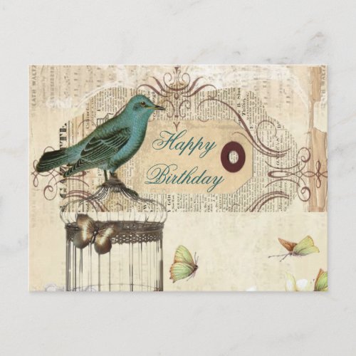 botanical art birdcage modern vintage french bird postcard