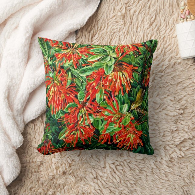 Botanical art: Burning Bush and Emu Wren of Chile Throw Pillow (Blanket)