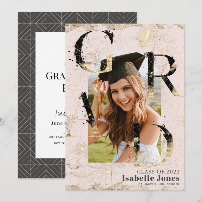 Botanical Art Deco Pink Arch Photo Graduation Invitation (Front/Back)