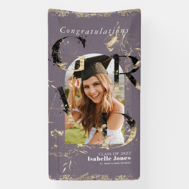 Botanical Art Deco Purple Arch Photo Graduation Banner (Vertical)