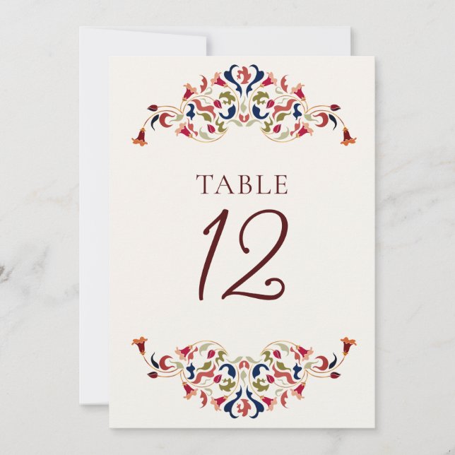 Botanical Art Floral Paisley Wedding Table Number (Front)