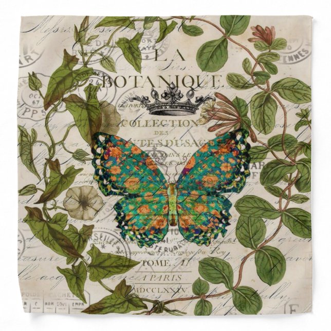 botanical art french country script leaf butterfly bandana (Front)