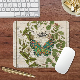botanical art french country script leaf butterfly mouse pad