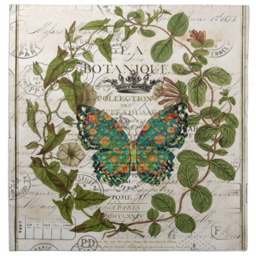 botanical art french country script leaf butterfly napkin