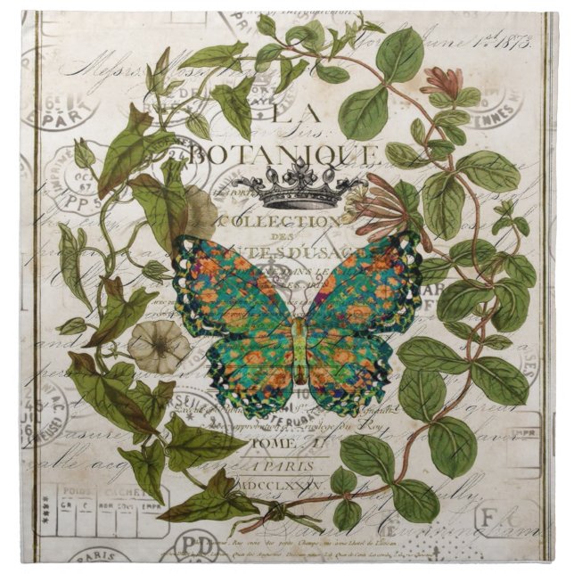 botanical art french country script leaf butterfly napkin (Front)
