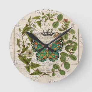 botanical art french country script leaf butterfly round clock