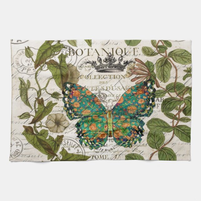 botanical art french country script leaf butterfly towel (Horizontal)