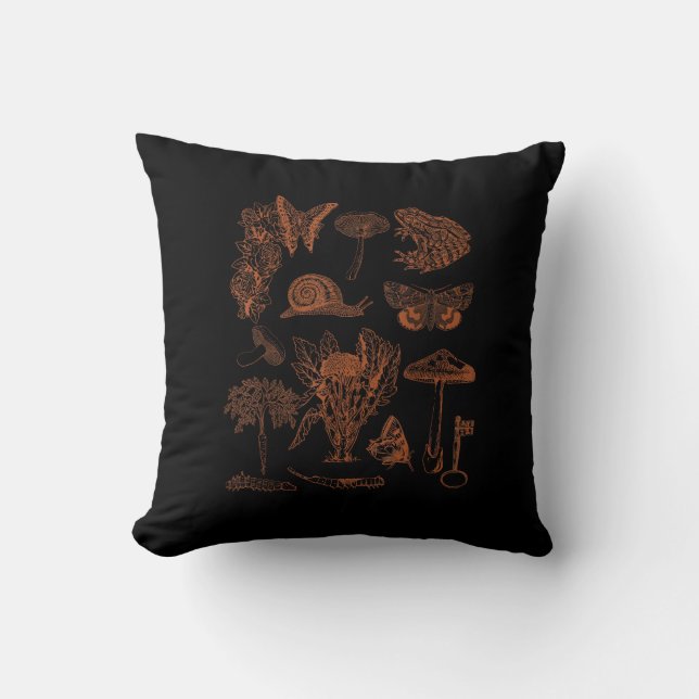 Botanical Art, Frog Fungi Goblincore Aesthetic Cot Throw Pillow (Front)