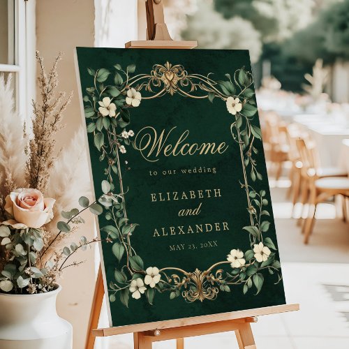 Botanical Art Nouveau Green Gold Wedding Welcome Foam Board