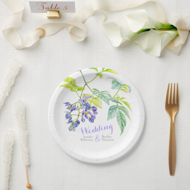Botanical art purple wedding paper plates (Wedding)