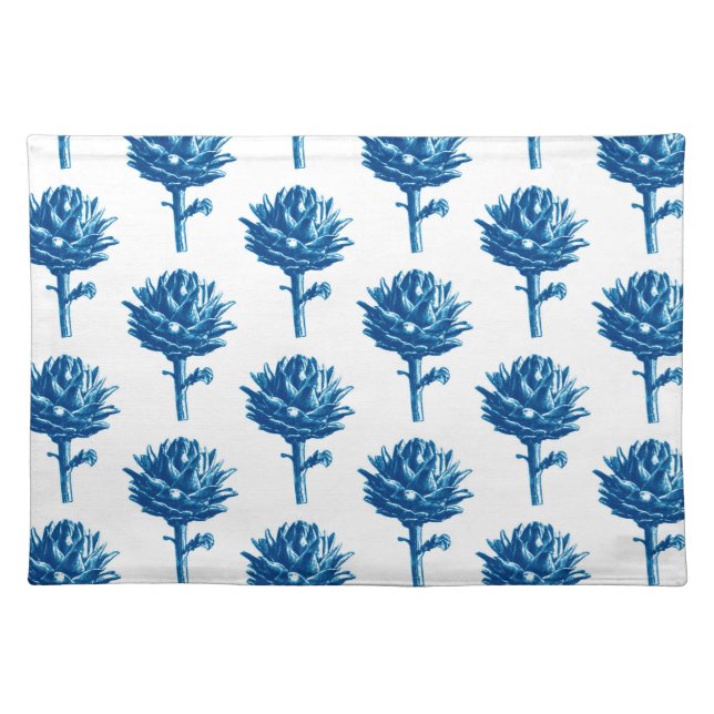 Botanical Artichoke Print, Indigo Blue and White Cloth Placemat (Front)
