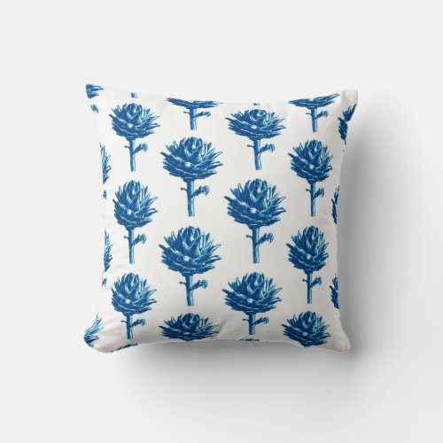 Botanical Artichoke Print Indigo Blue and White Throw Pillow