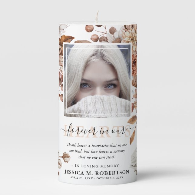Botanical Autum Floral Memorial Keepsake Photo Pillar Candle (Front)