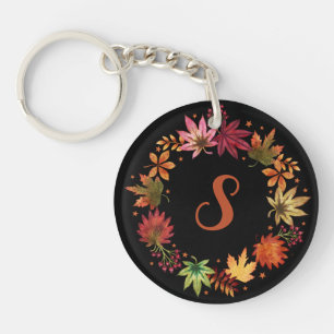 Botanical Autumn Leaves Monogram on Black Keychain