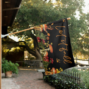 Botanical Autumn Leaves Mushrooms Black House Flag